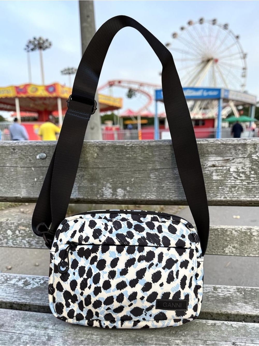GANNI Recycled Tech Festival Bag Leopard Blue Black Crossbody Nylon Animal Print